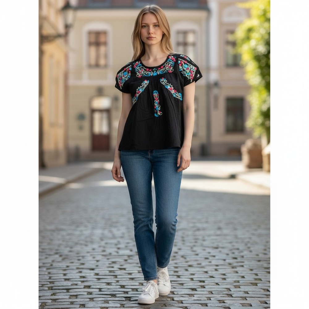 Love Notes Womens‎ Black Cotton Floral Embroidered Peasant Boho Blouse Large